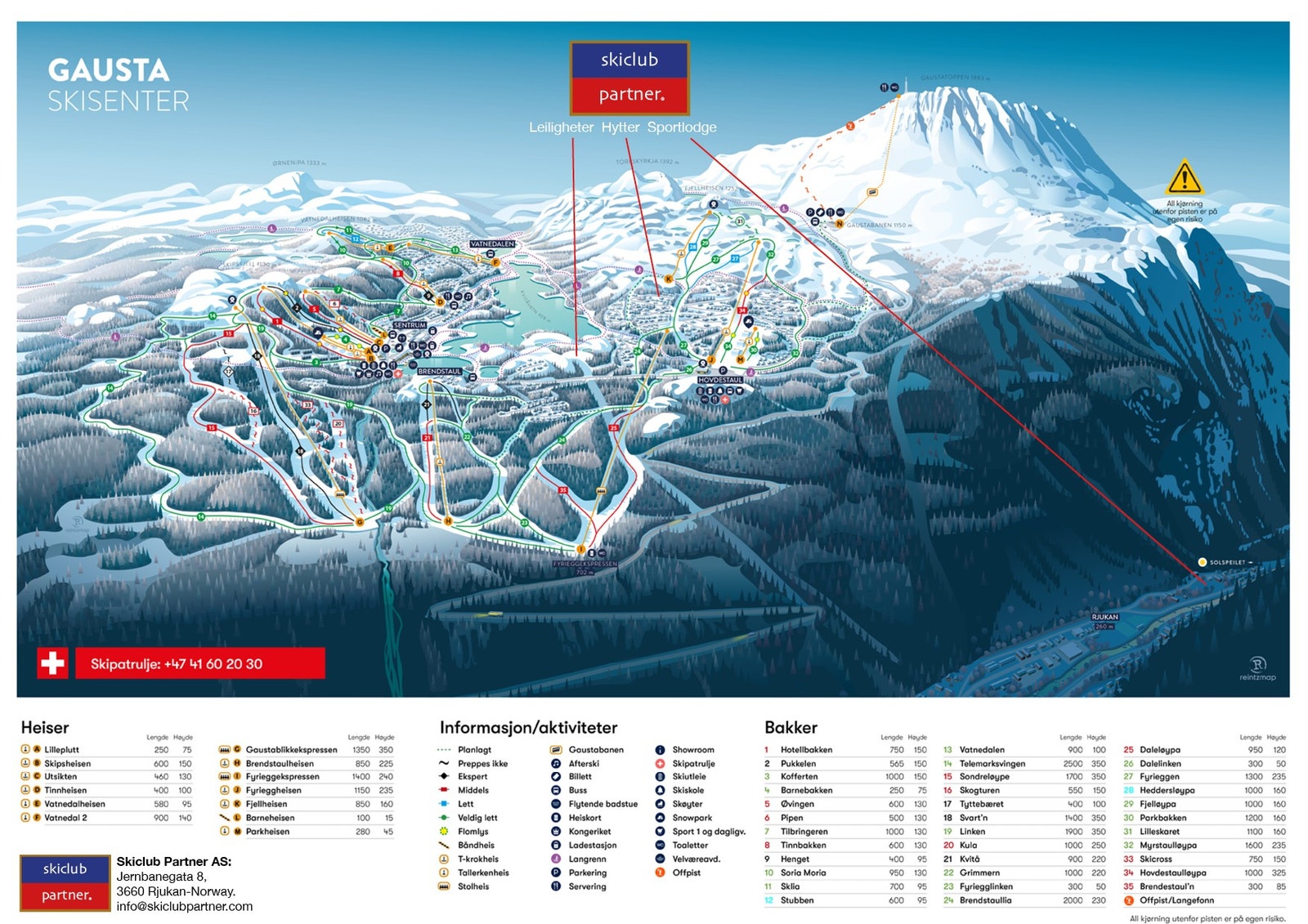 Gausta Skisenter kart med Skiclub Partners placering av hytter, leileheter och Rjukan Sport Lodge/SP kontor Galleribilde