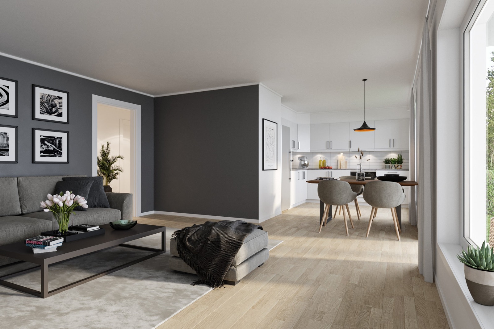 Stue/kjøkken på 3-roms Galleribilde