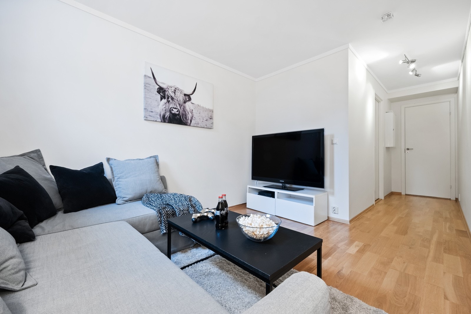 Tar man trappen ned til kjelleren kommer man til en flott kjellerstue. Her er det uttak for kabel-tv/internett. Det er satt inn dør mellom kjellerstuen og trappen for å redusere lyd mellom etasjene. (Opprinnelig byggemeldt og godkjent som bod). Galleribilde