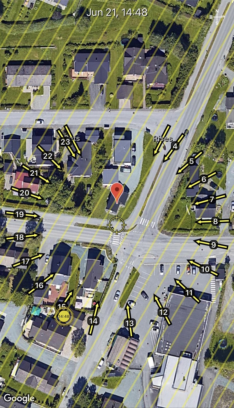 Illustrert solforhold på eiendommen midtsommers. Galleribilde