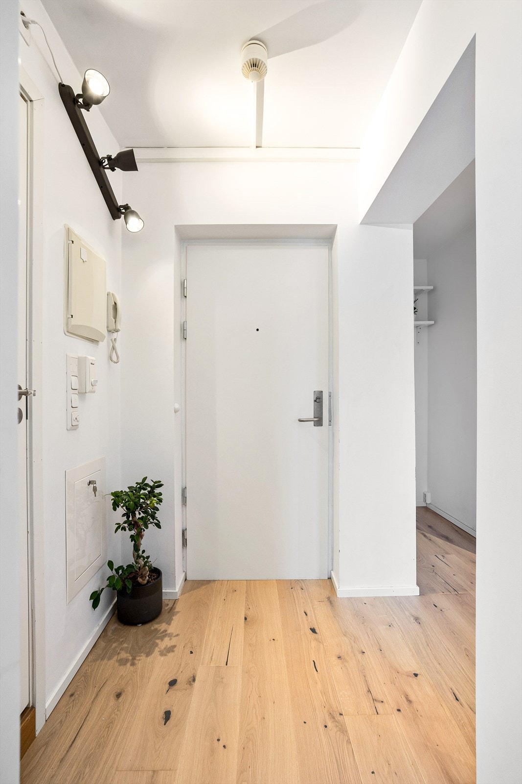 Velkommen inn! Førsteinntrykket er en lysmalt og åpen entré med plass til å henge fra seg klær og sette sko. Galleribilde