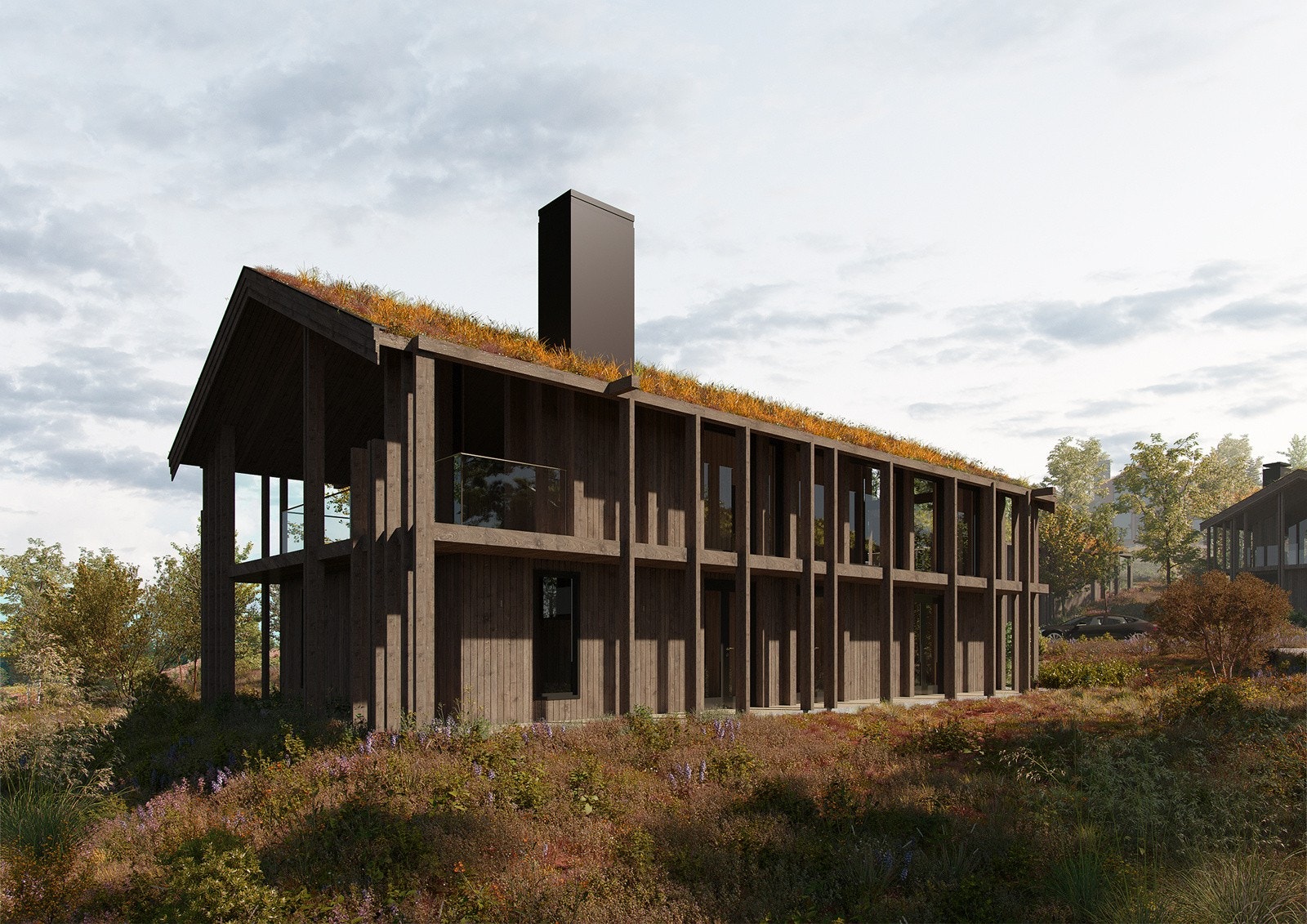4 lekre arkitekttegnede hytter. Illustrasjon, Det kan være noe avvik på plassering av bygninger på tomt, fargenyanser og uteomåde Galleribilde