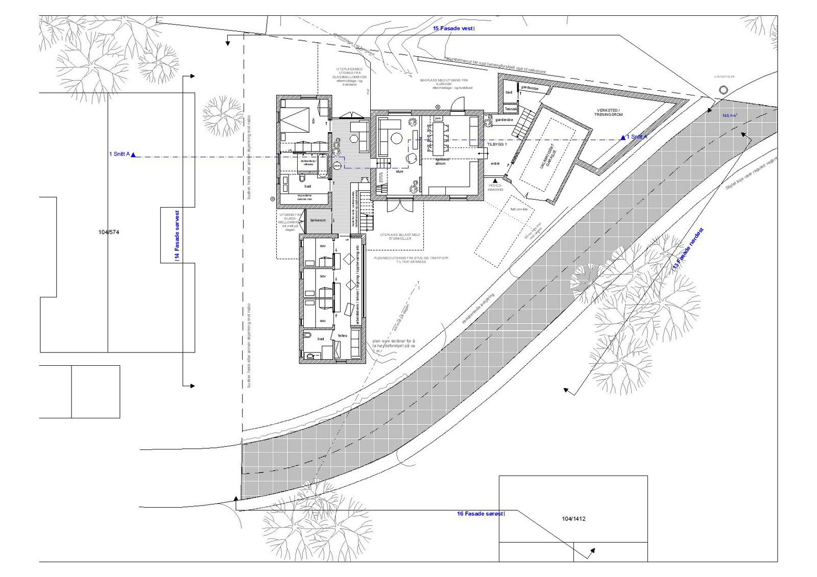 Planløsning alternativ 2. Soverommene mot sørvest er omgjort til Master bedrom med bad. Hybelen er omgjort til tre soverom og bad. Galleribilde