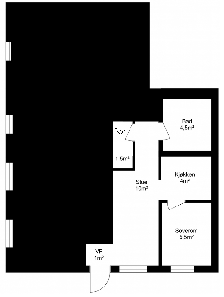 Plantegning. Det sorte området er boligens hoveddel, gjesterom/kontor, vaskerom og bod. Galleribilde