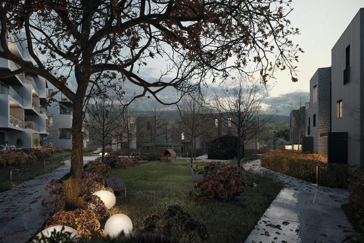Illustrasjon av det grønne tunet. Godt med luft mellom Leillighetene og townhousene. Galleribilde