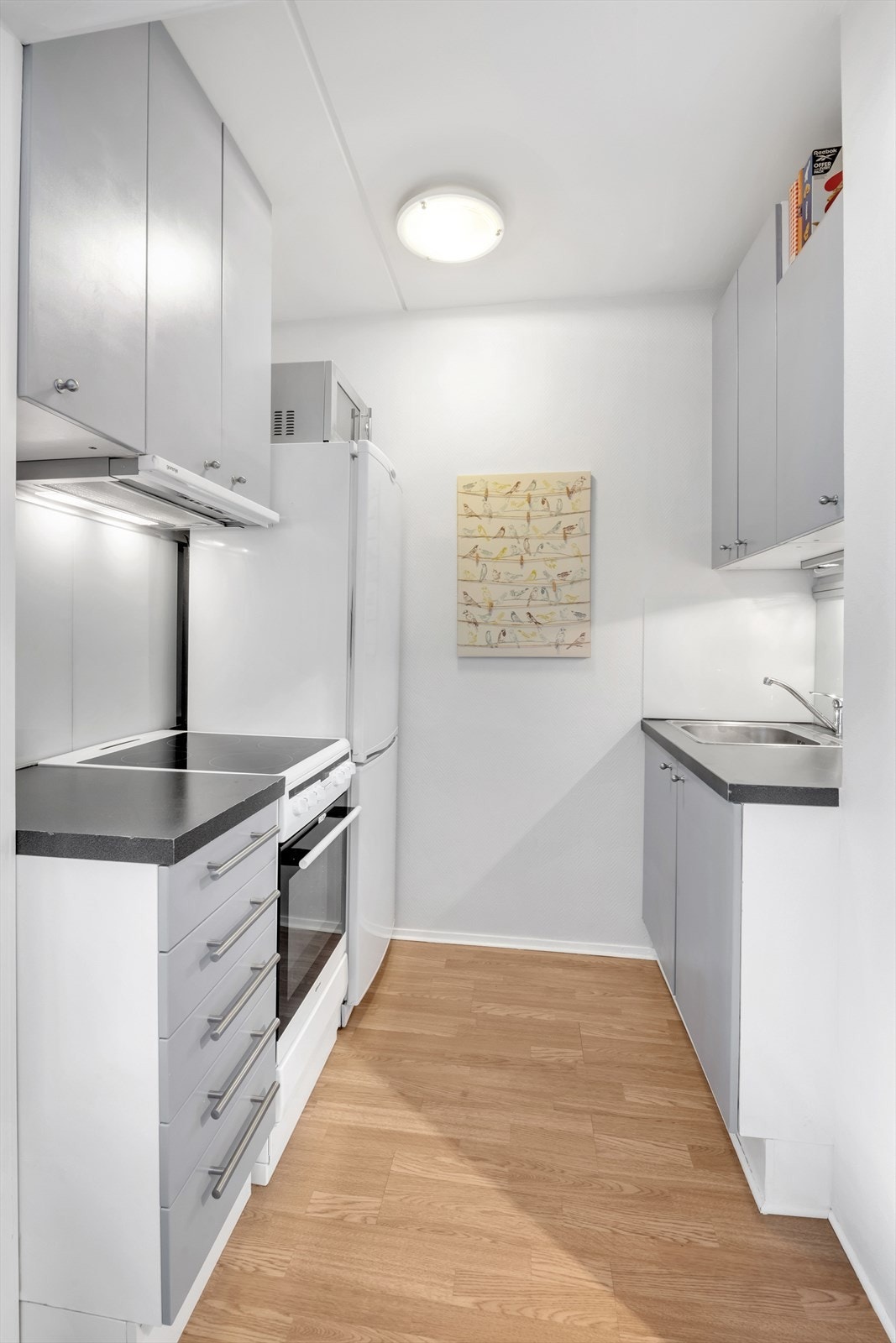 Lys kjøkkeninnredning med frittstående komfyr og kjøleskap Galleribilde