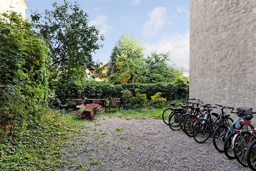 Sameiet har et inngjerdet gårdsrom med pene grøntarealer Galleribilde