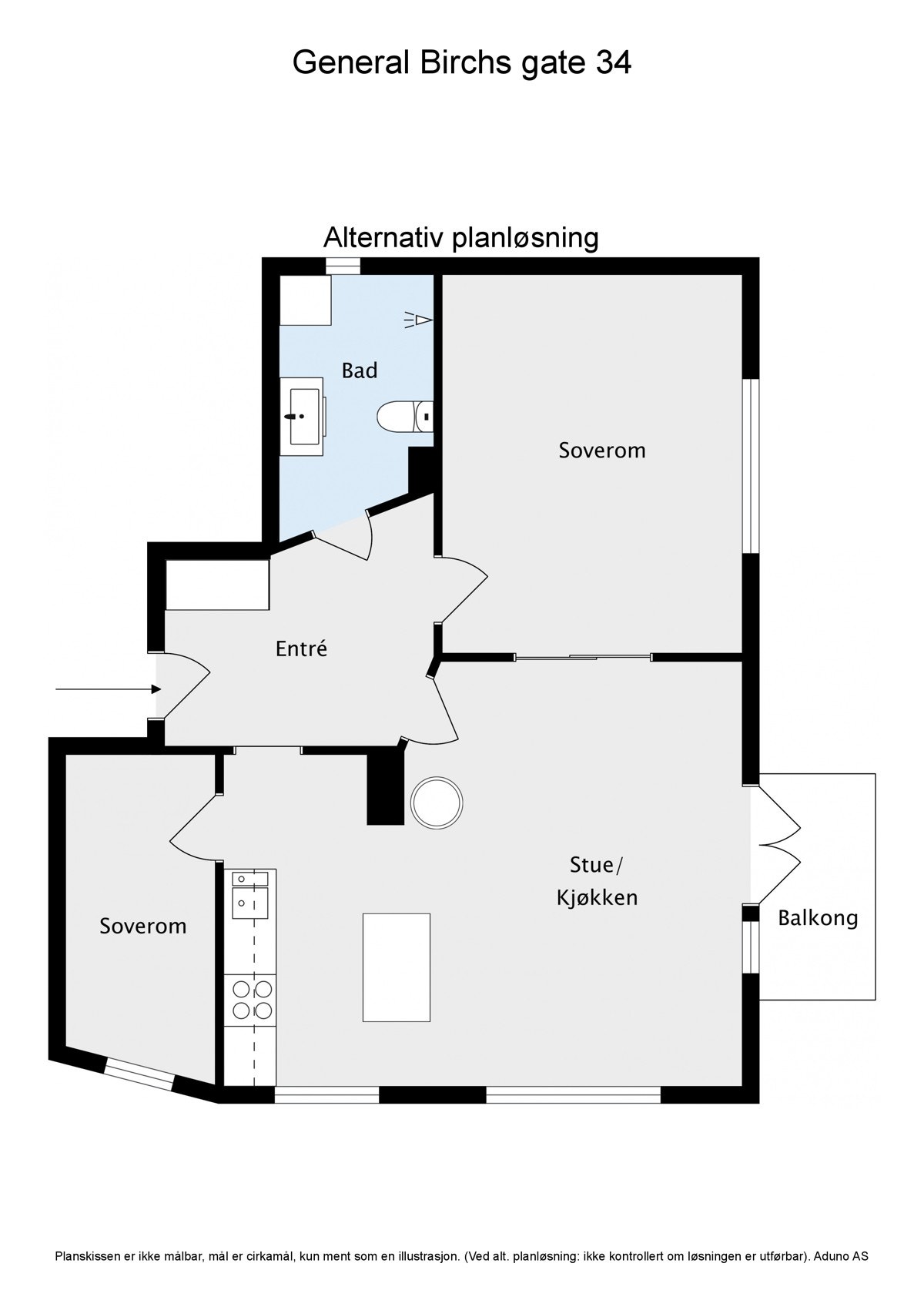 Alternativ planløsning - Det er også mulig å åpne vegg mellom kjøkken og soverom 2 Galleribilde