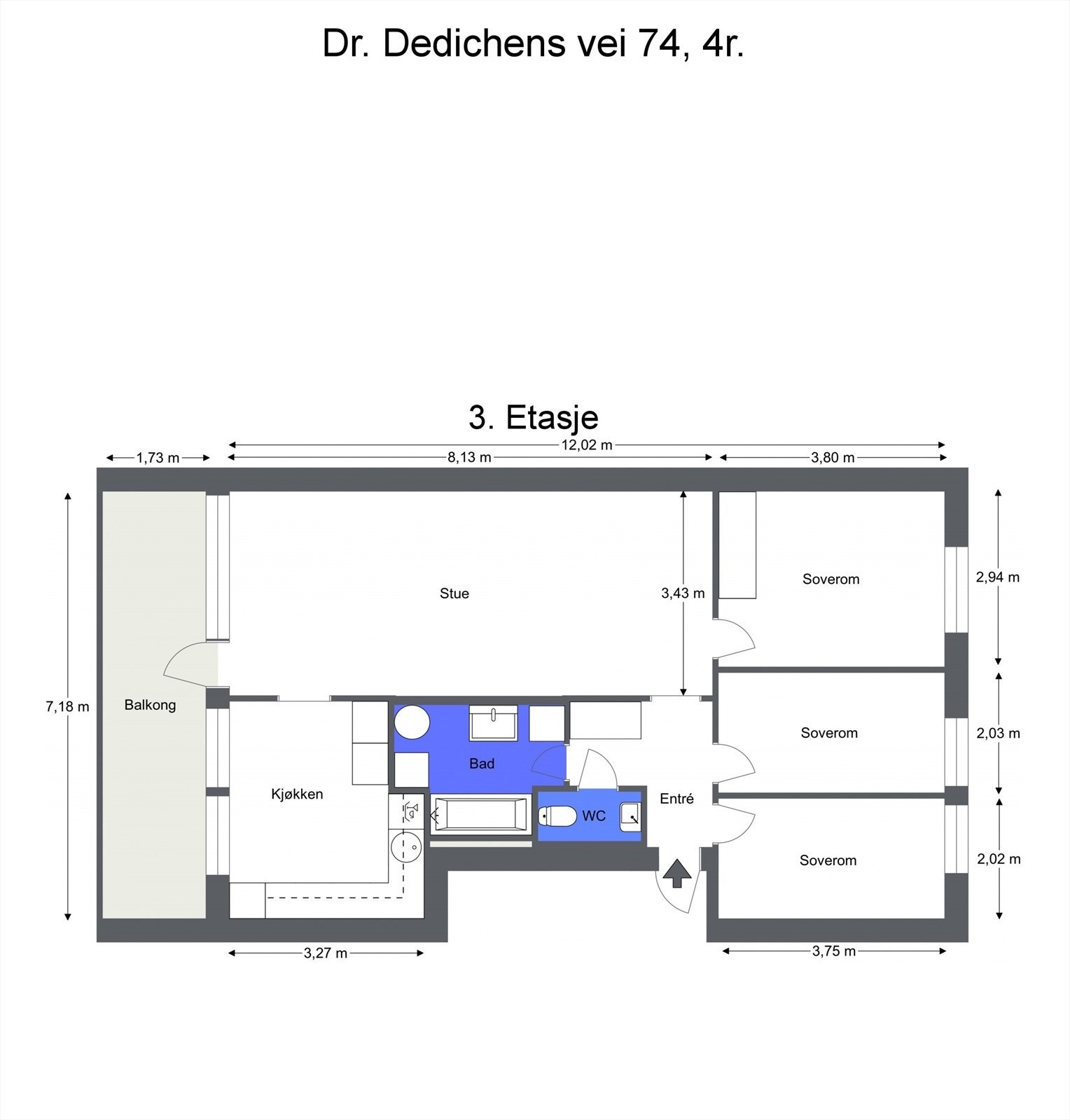 - 2D plantegning - Dr. Dedichens vei 74, 4r. - 3. Etasje - Galleribilde