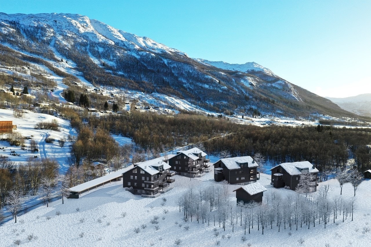 Illustrasjon vinter med alle 4 husene og carport ferdig bygget. Galleribilde