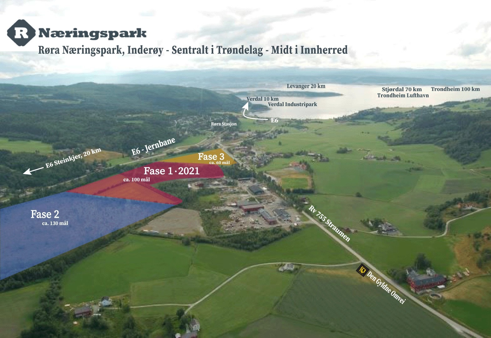 Røra Næringspark i Inderøy. Utbygging i tre faser. Fase 1 fullføres i 2021 Galleribilde