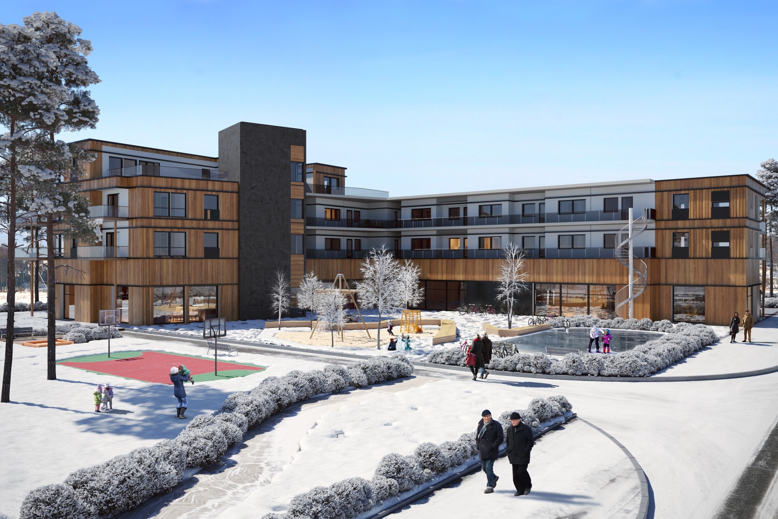 Torget utenfor bygget om vinteren. Tilrettelagt for flere aktiviteter. Galleribilde