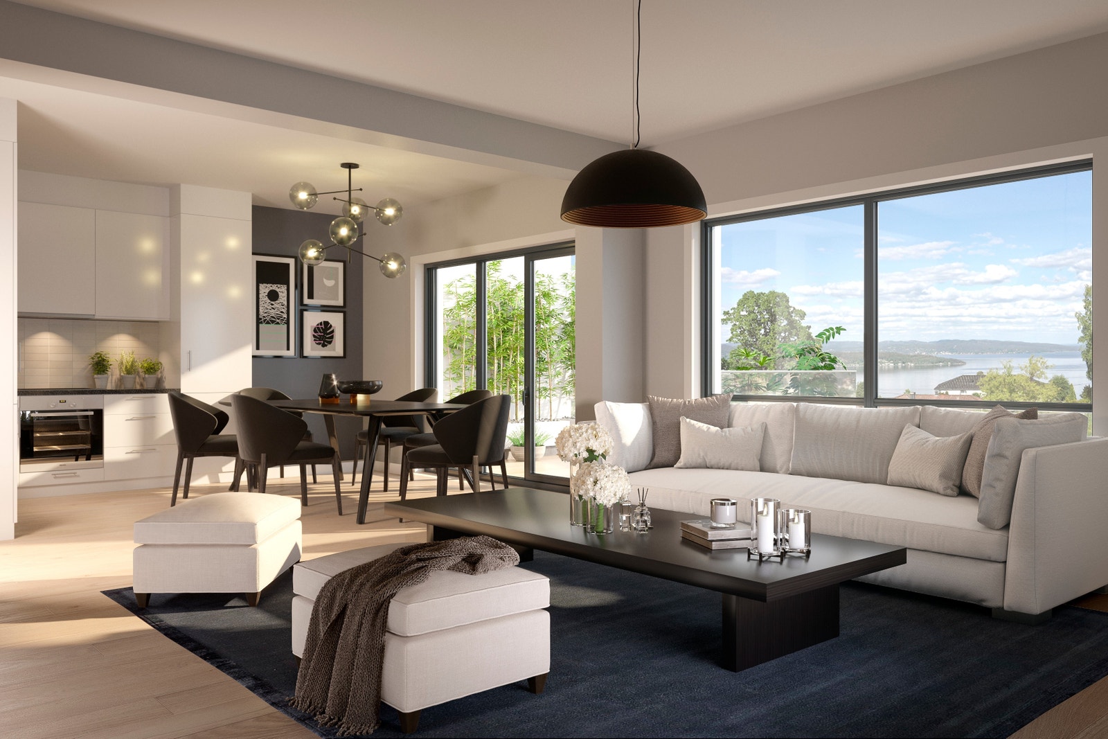 Illustrasjon av stuen mot kjøkkenet og utgang til flott balkong. Fantastisk utsikt og godt med dagslys. Gjelder leilighet 203 Galleribilde