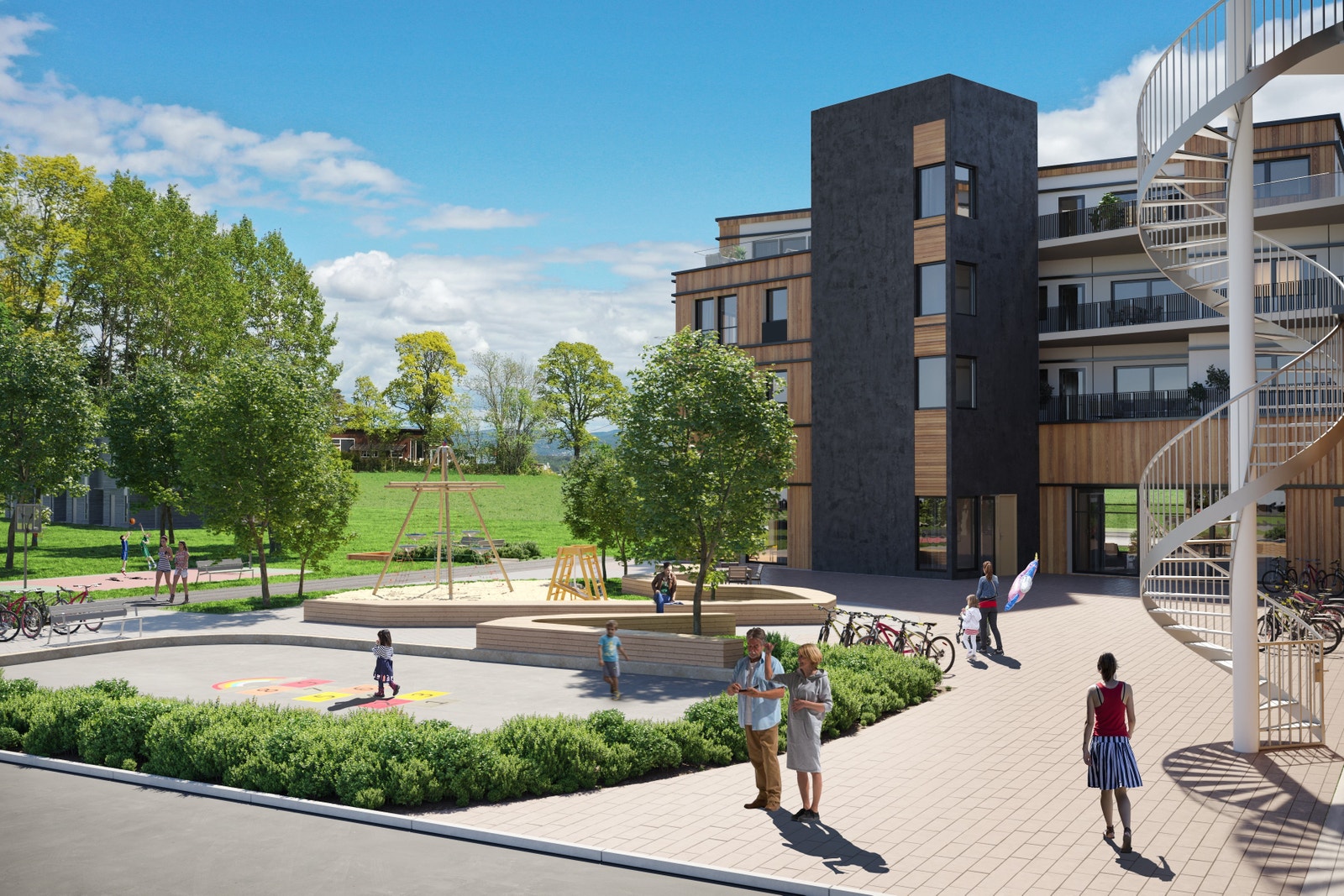 Koselig torg som tilknytning til området. Her vil der være flere sosiale soner for liten og stor. Galleribilde