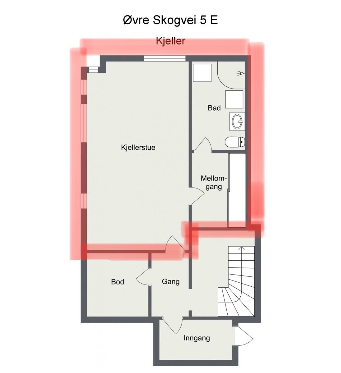 Det røde omrisset viser arealet som leies ut. Inngang er via garasjen i kjeller. Galleribilde