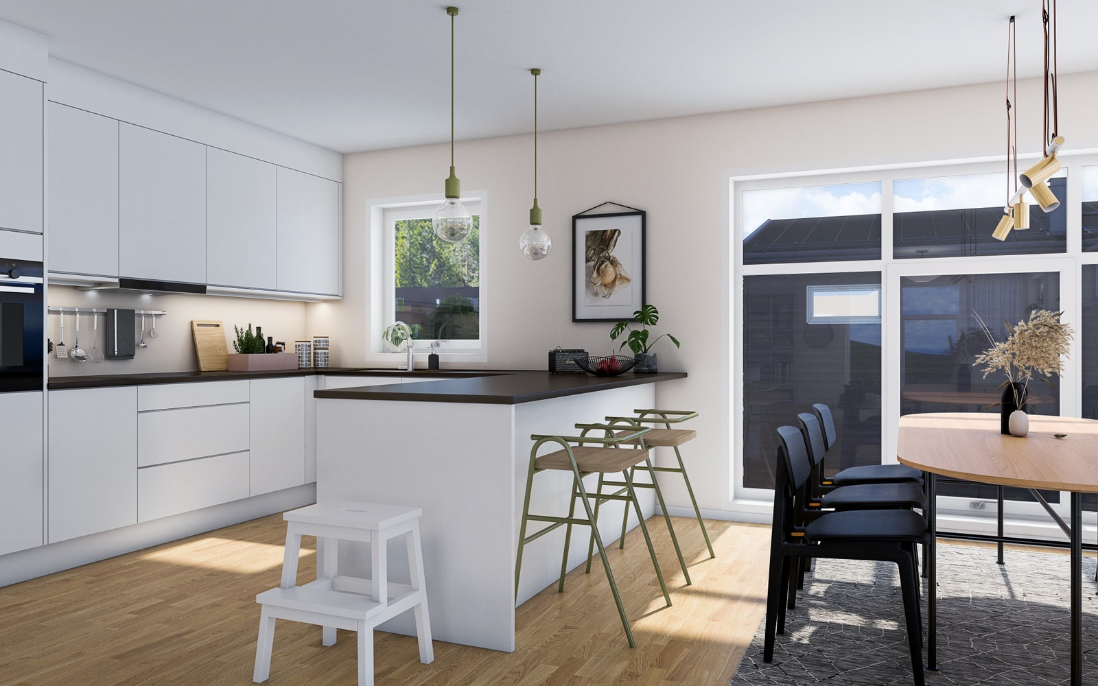 Kjøkken i fra HTH med integrerte hvitevarer fra Siemens. Lyse flater og hvitlasert eikeparkett på gulv. Galleribilde