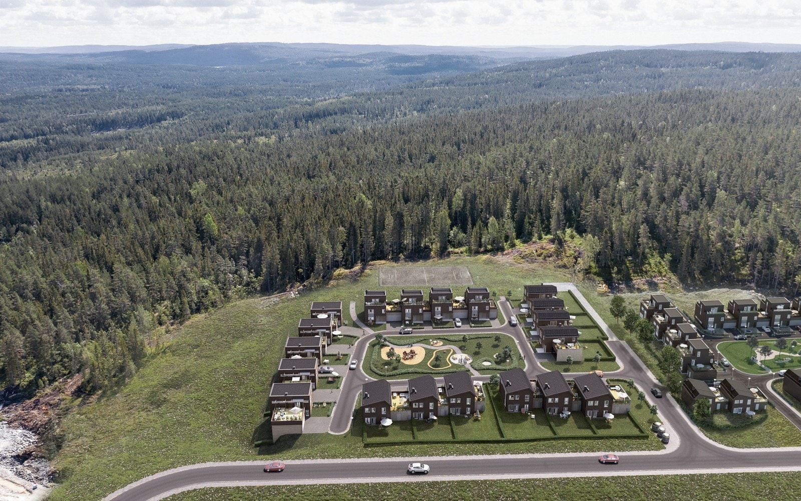 Hus 19 ligger som hus nr 4 fra venstre på rekken bakerst på bildet Galleribilde