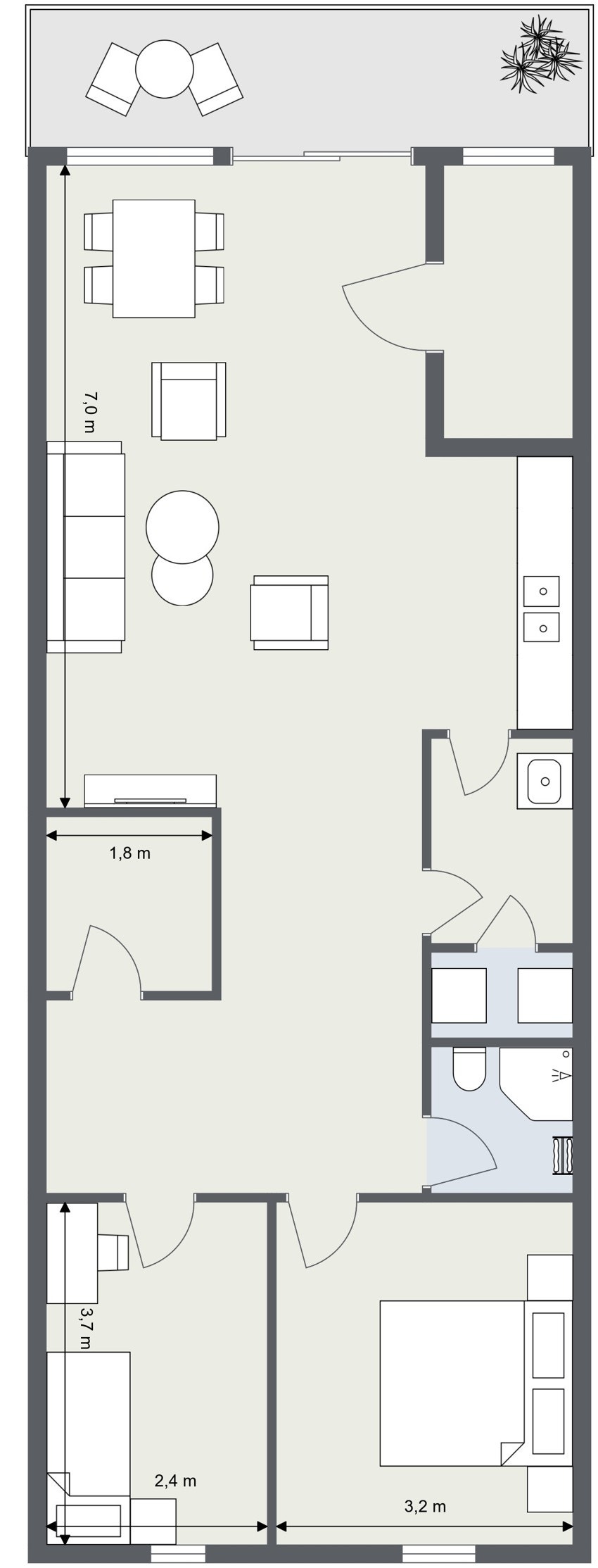Alternativ planskisse med tre soverom og åpen kjøkkenløsning Galleribilde
