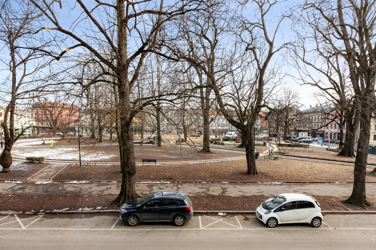 Meget sentral, rolig og attraktiv beliggenhet på Grünerløkka, rett ved parken. Fra stuen kan du se trikken på andre siden av plassen, men du hører den ikke. Galleribilde