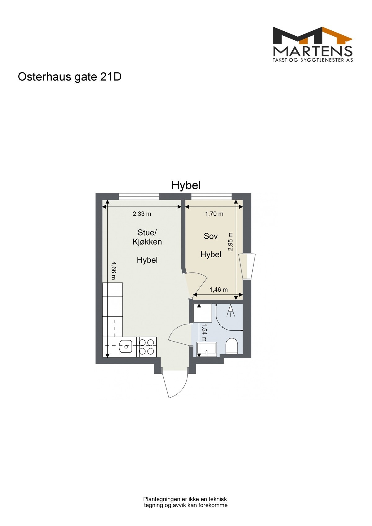 Plantegning hybel med arealmål i 2D Galleribilde