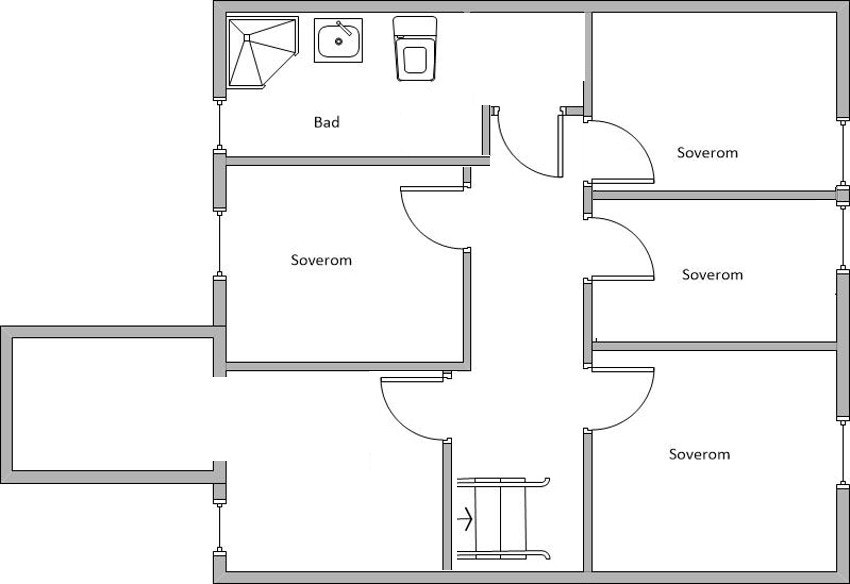 Alternativ med 4 soverom (som originalt) + utvidet bad + adskilt trapperom / bod Galleribilde