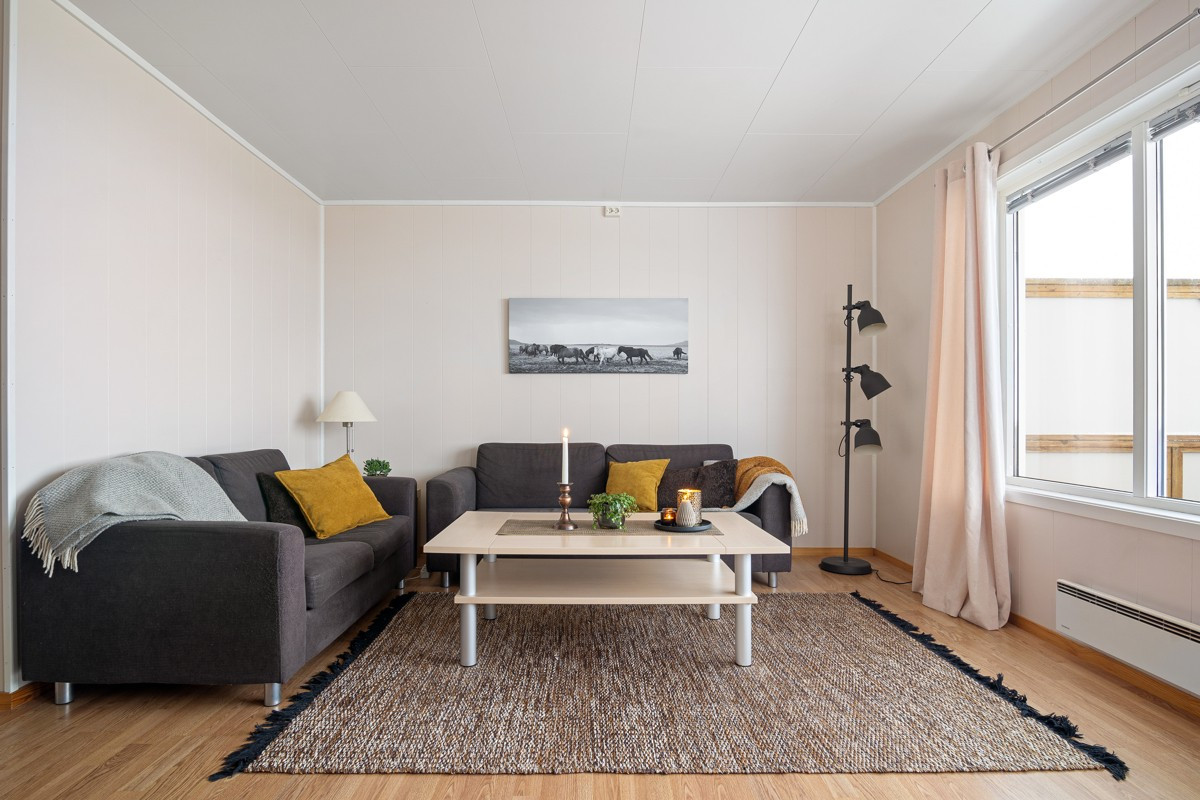 Stuen er romslig med plass til stor sofa