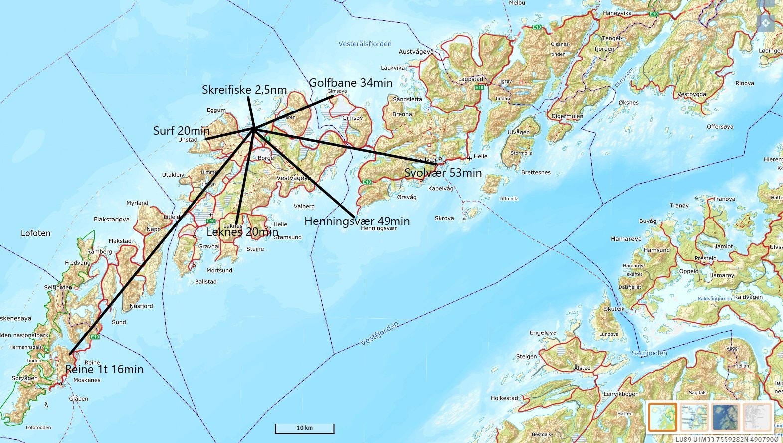 Oversiktsbilde av Lofoten med avstand til ulike attraksjoner/steder Galleribilde