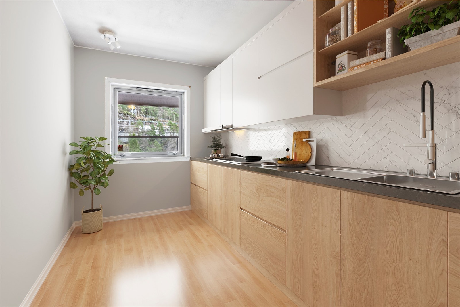 Her er kjøkkenet digitalt oppusset og stylet for å vise deg hvor råflott dette kan bli! Galleribilde