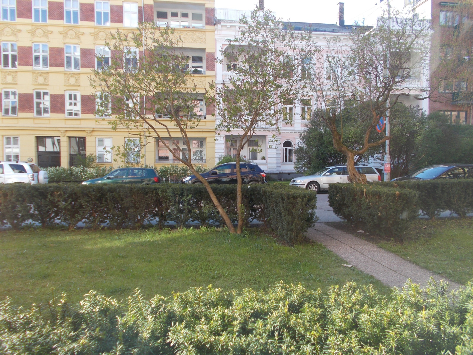 Utsikt fra leiligheten til stor forhage, hekk og fortau utenfor.
Enveiskjørt gate med lite trafikk Galleribilde