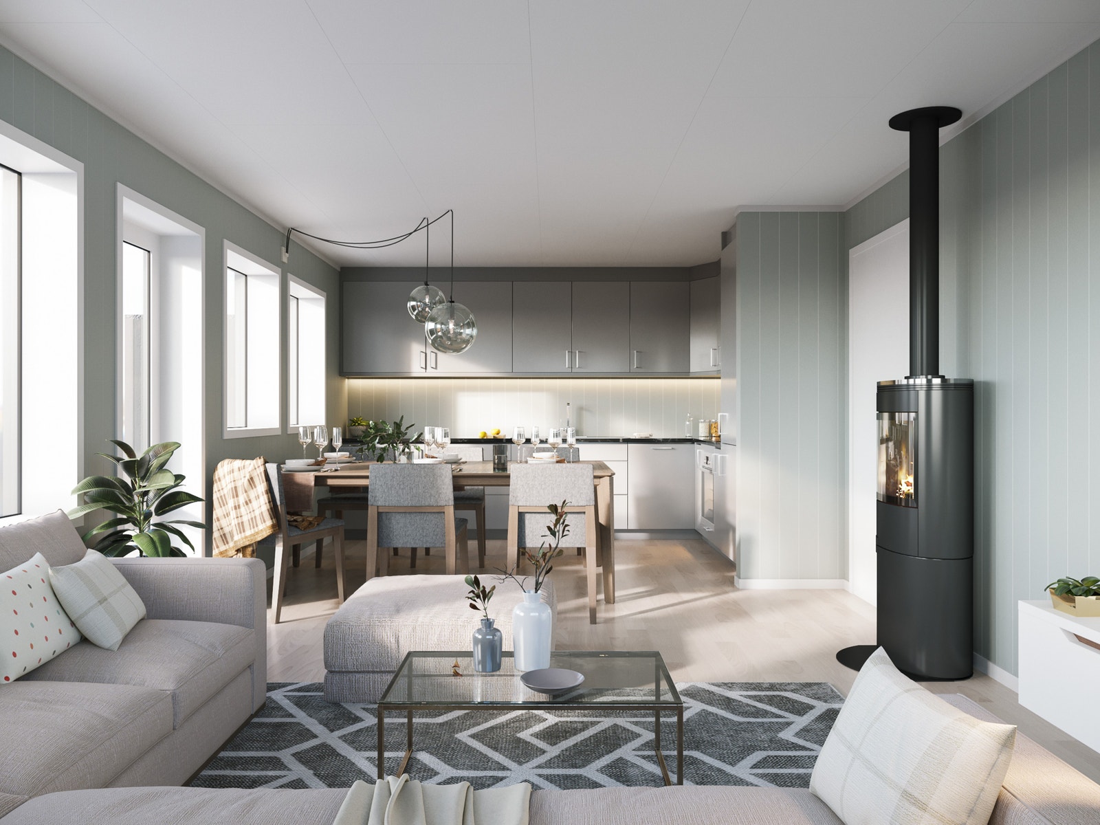 Velkommen hjem! 3D illustrasjon interiør. Materialvalg avviker fra standard. Vi kan tilpasse boligen sammen med deg. Galleribilde