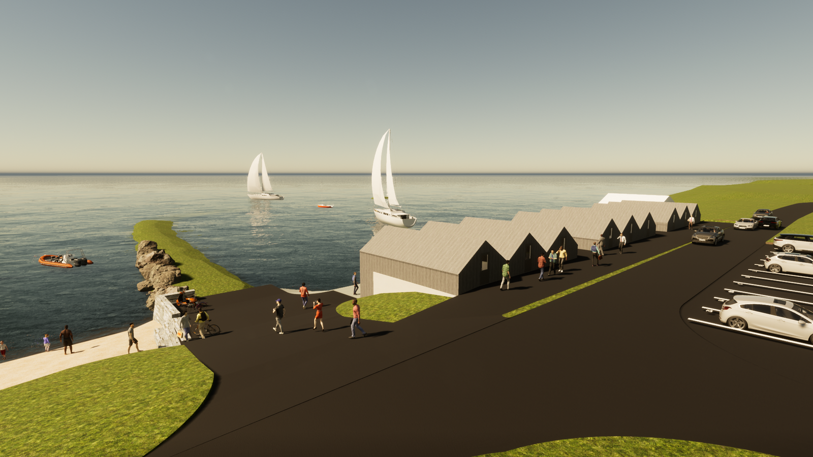 Illustrasjon av baksiden på naustene sett fra nord. Galleribilde