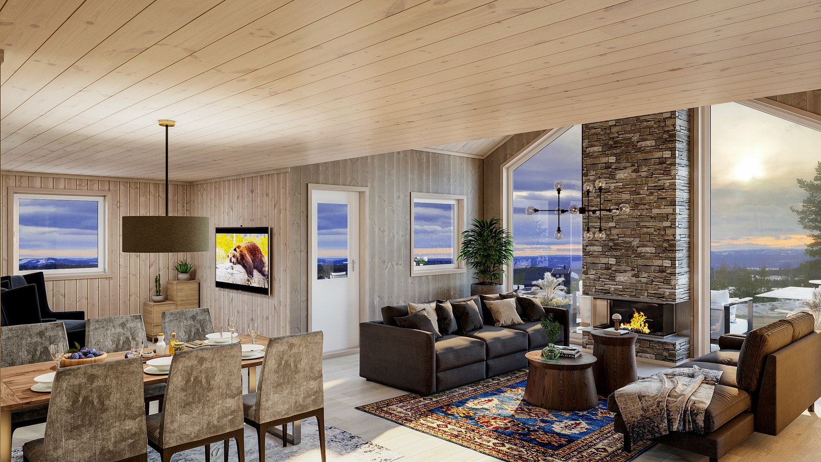 Stue og tv stue. Bilde kan avike fra virkligheten.Det er
peis ovn her. Galleribilde