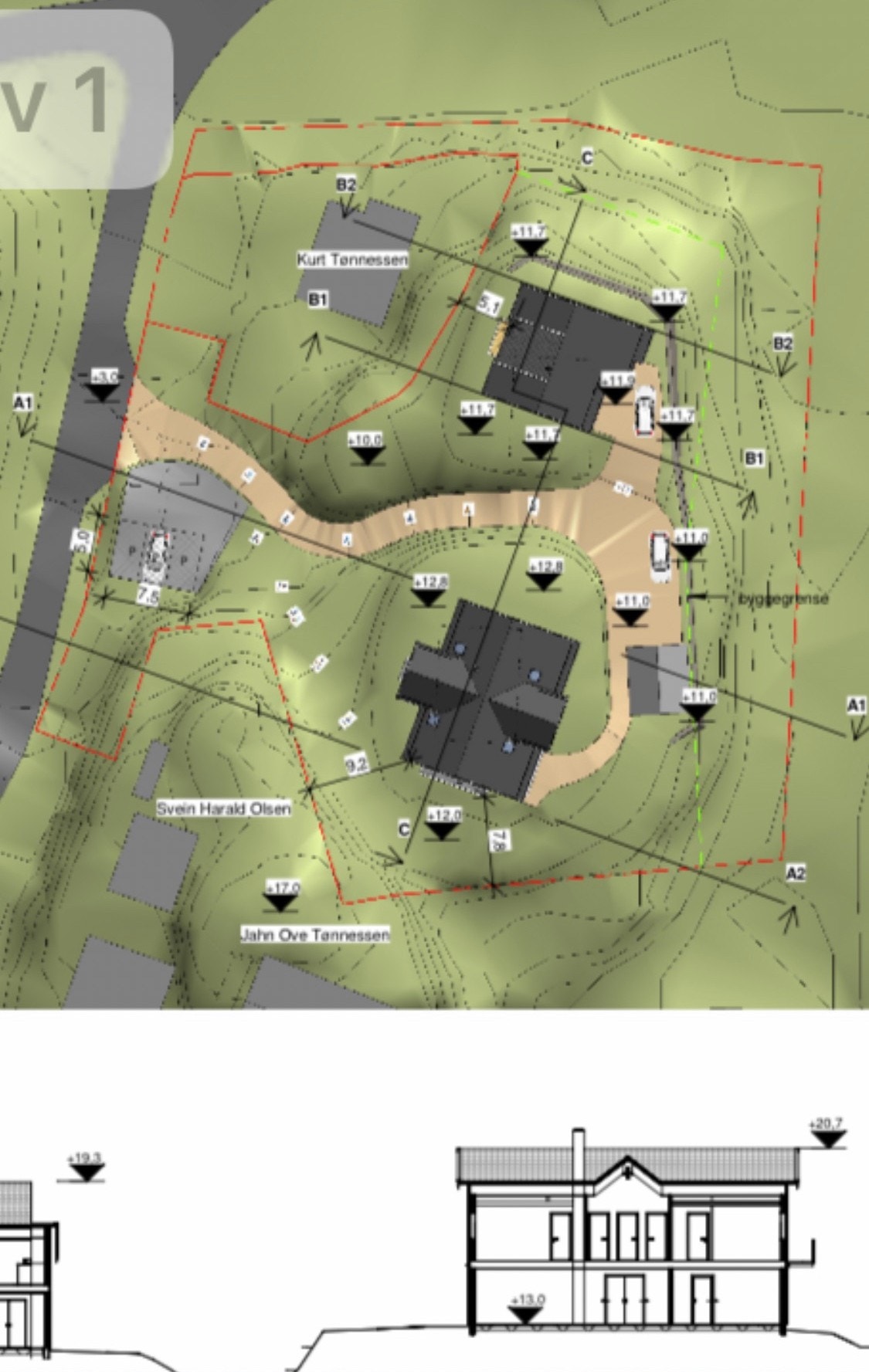 Alternativ inntegning i terrenget. Disse tegningene er mulige å bruke, men står fritt til å ta i bruk andre, men da i henhold til reguleringsplan, ellers bør en søke om dispensasjon.
Gul stiplet stripe er der steinmuren er bygget. Galleribilde