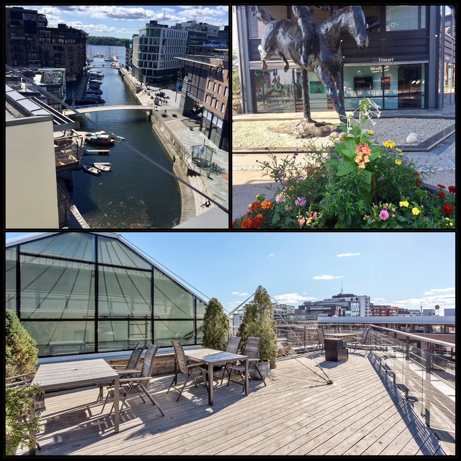Utsnitt fra takterrasse hvor en kan samle venner samt detalj fra Bryggetorget rett ved boligen Galleribilde