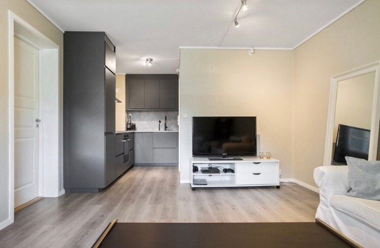 Stue og nytt kjøkken med integrerte hvitevarer Galleribilde