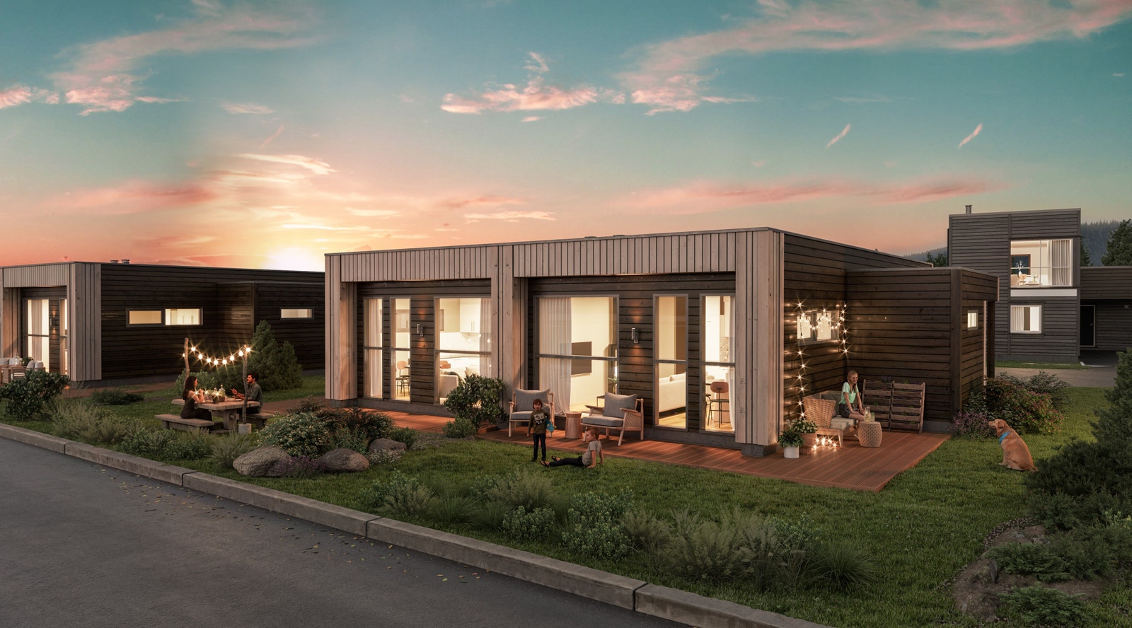 4 nye moderne tomannsboliger settes opp. Illustrasjon fasade kveld. Galleribilde