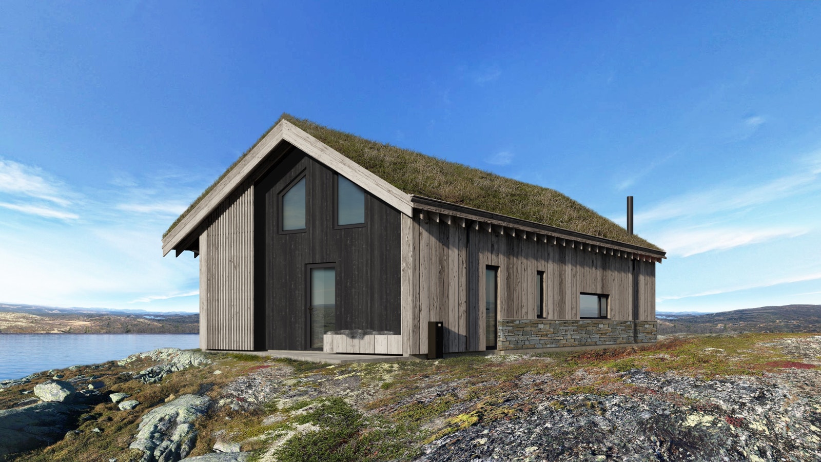 Her får du en praktisk skistall utenfor inngangsdøren og badstue med direkte tilgang til et friskt snøbad. Illustrasjon viser hyttemodell - avvik kan forekomme. Beliggenhet og plassering avviker fra leveransen. Galleribilde