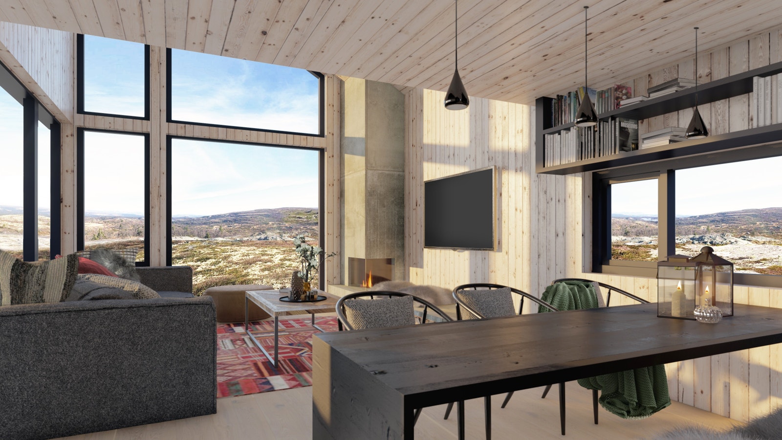 Det er plass til like mange rundt spisebordet som det er sengeplasser i hytta. Illustrasjon - avvik kan forekomme. Galleribilde