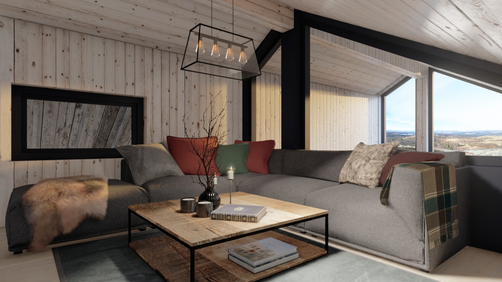 God takhøyde på ca. 2,2 meter og store vinduer helt til taket slipper inn godt lys og drar fjellnaturen inn i hytta. Legg merke til vinduet på kneveggen. Hyttemodellen kan leveres med glassrekkverk mot stuen. Illustrasjon - avvik kan forekomme. Galleribilde