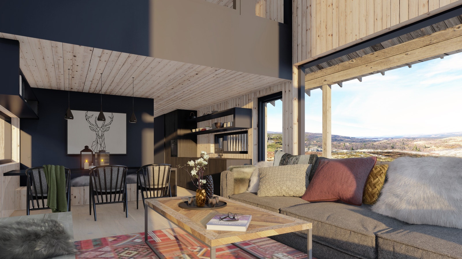 Full takhøyde over sofakroken i stuen med med store vinduer helt opp under taket som gir godt lysinnslipp. Illustrasjon - avvik kan forekomme. Galleribilde