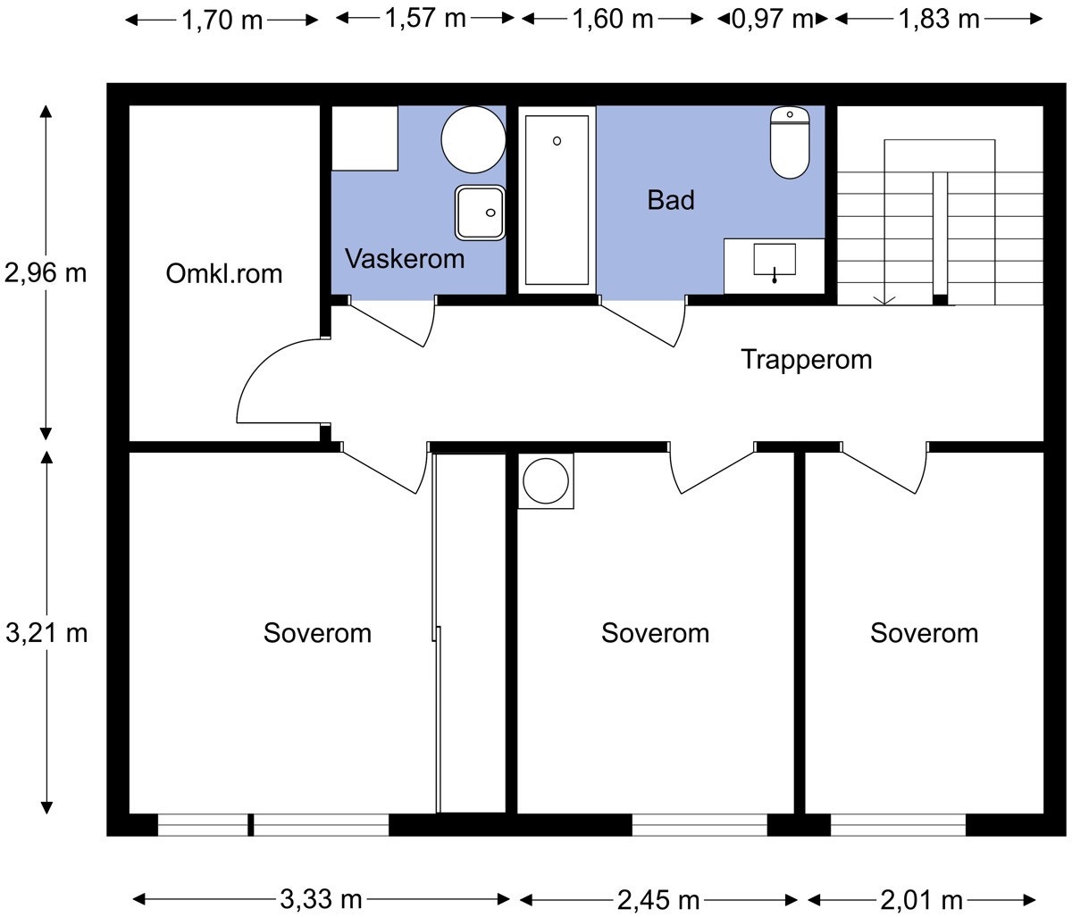 Plantegning fra takstmann. 2. etasje er avdelingen for avkobling og hvile, med tre romslige soverom, et stort bad, separat vaskerom og en stor, innvendig bod. Galleribilde