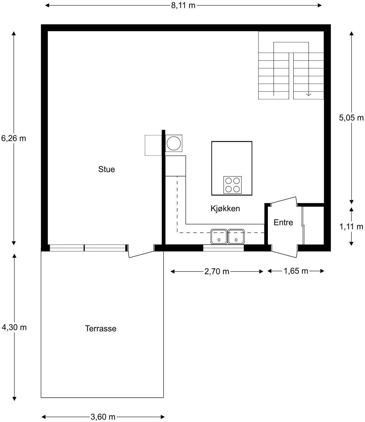 Plantegning fra takstmann. Dagens eiere har selv satt stor pris på planløsningen over 2 plan. 1. etasjen blir fort den sosiale arenaen med en hyggelig stue og en sosial spisestue som bindeledd mellom kjøkken og stue. Galleribilde