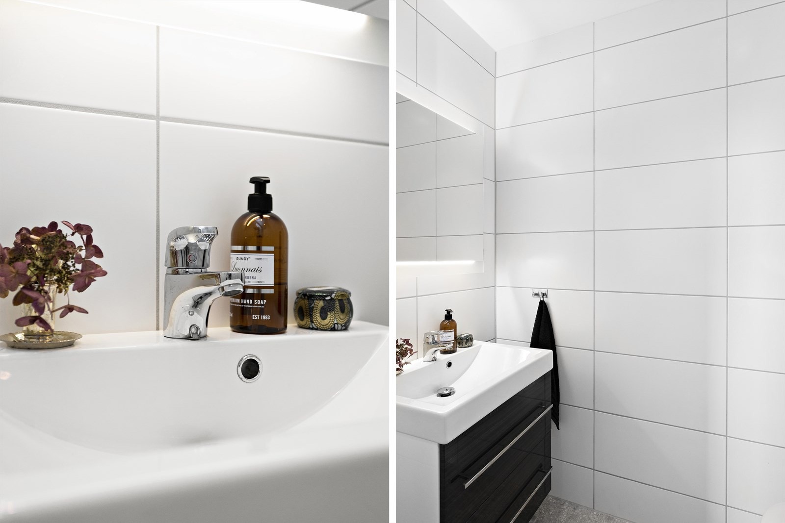 Meget praktisk separat toalett i 1. etasje, innredet med vegghengt toalett, servant med skuffer under, speil og belysning Galleribilde