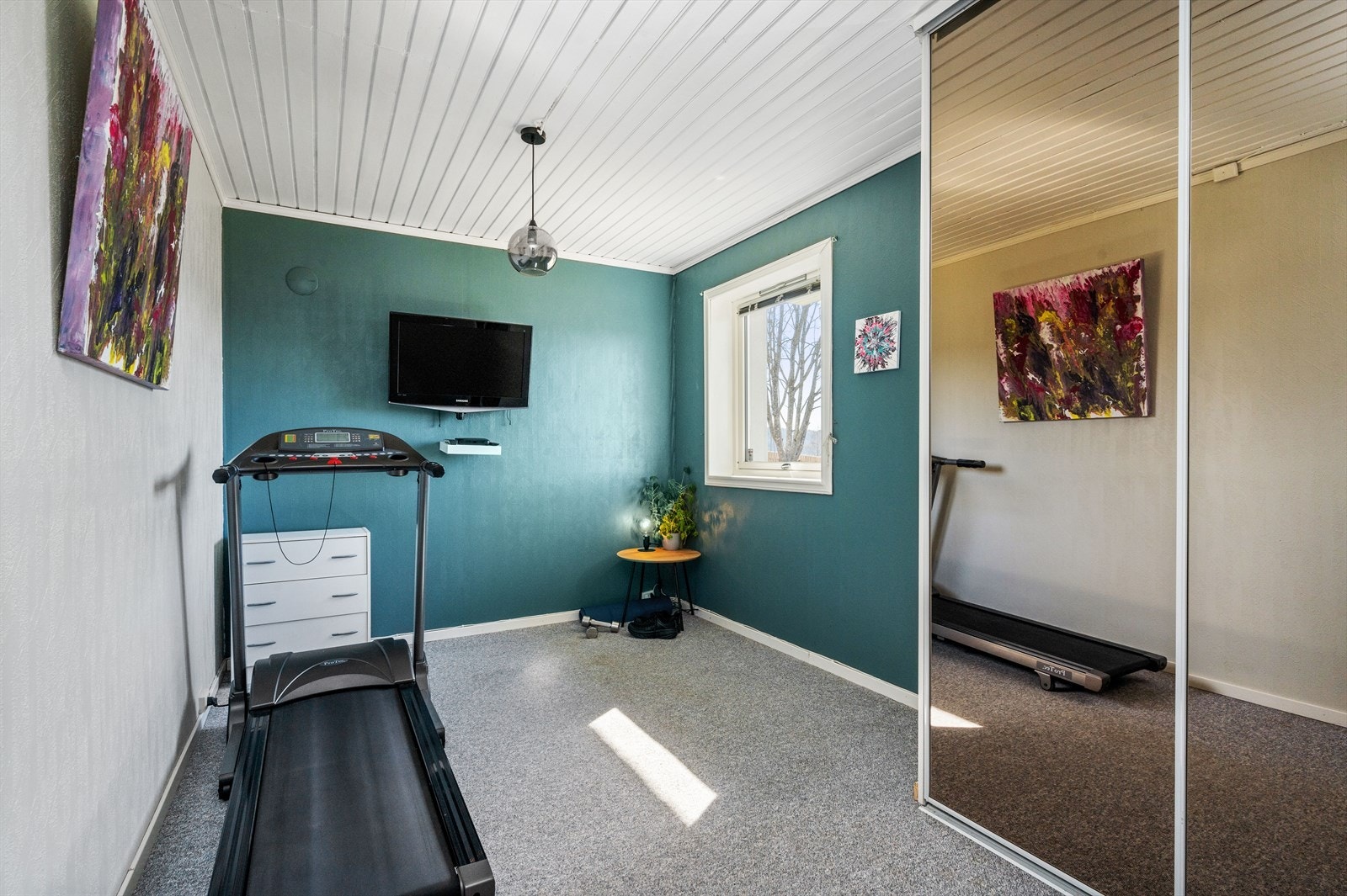 Soverommet i u. etasje har en romslig skyvedørsgarderobe med speilfronter og brukes gjerne som trimrom (ikke omsøkt og godkjent). Galleribilde