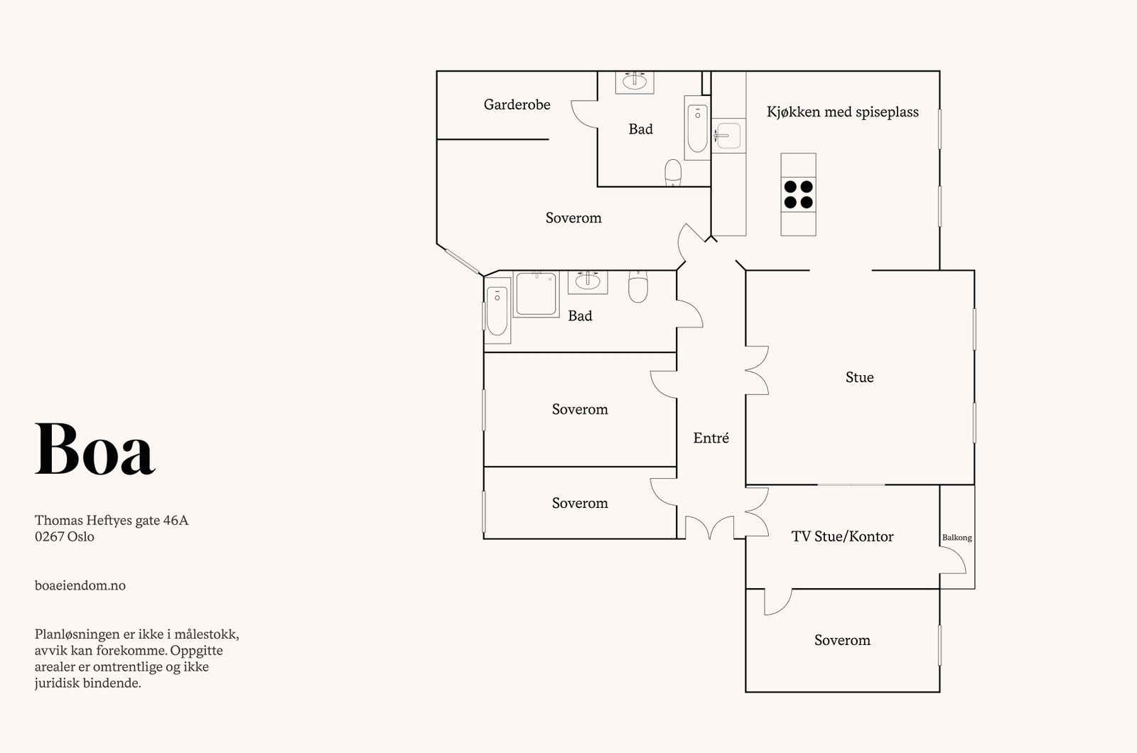 Entré, to bad, fire soverom, stue, stue/kontor, kjøkken og walk-in garderobe. Balkong. Galleribilde