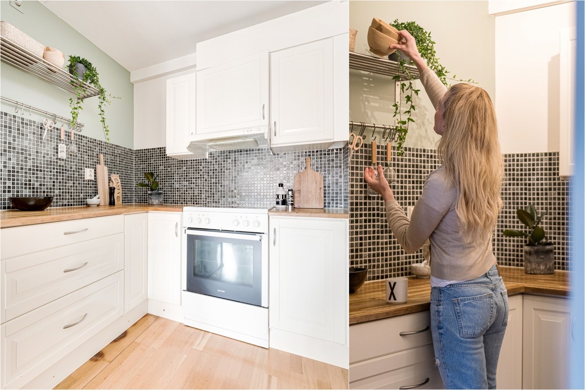 Kjøkkeninnredningen består av lyse fronter og eik benkeplate. Mosaikkfliser over benk. Galleribilde