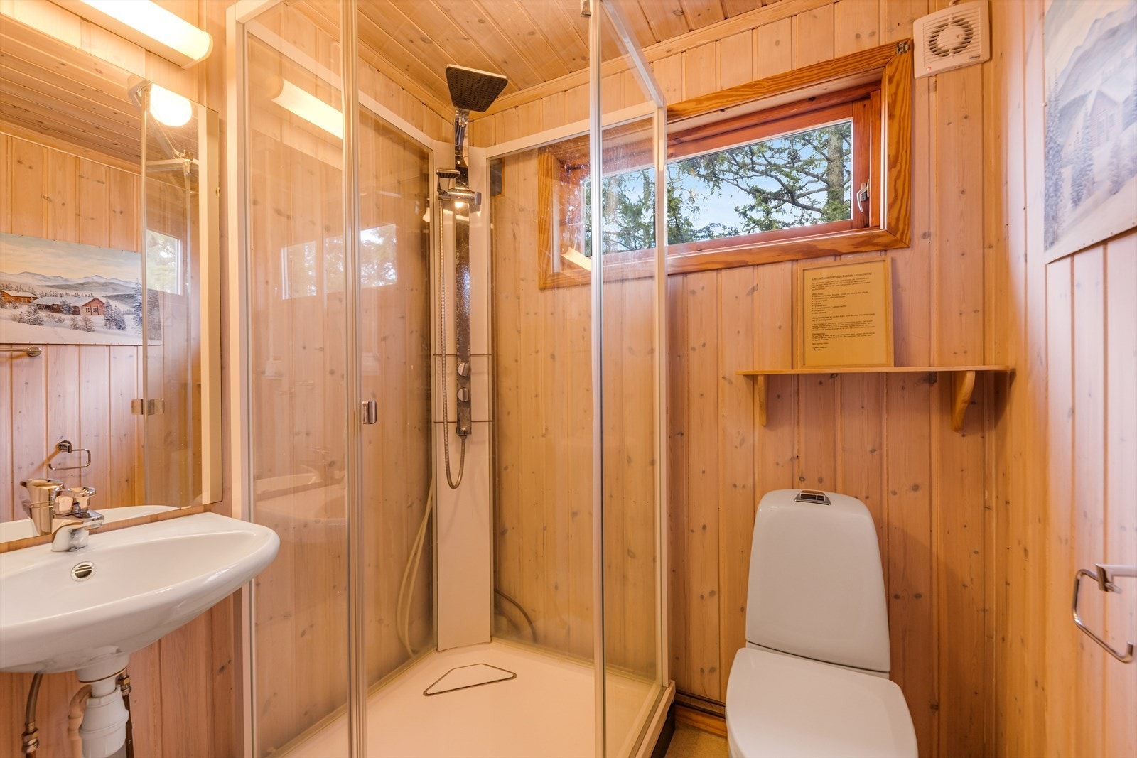 Hytta har et bad med toalett og dusjkabinett. Galleribilde