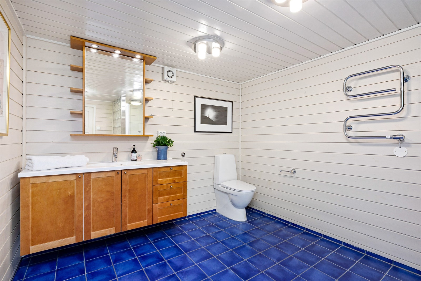 Romslig baderom med wc, dusj, servant med underkskap, speilskap og håndkletørker med varme Galleribilde