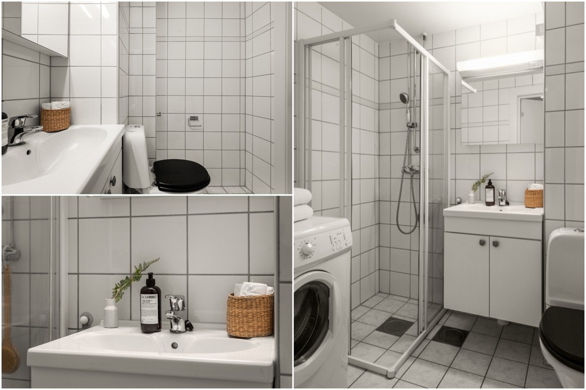 Inneholder servant med servantskap, speil med belysning/strømuttak, dusjhjørne med skyvedører, klosett og opplegg til vaskemaskin/tørketrommel. Galleribilde