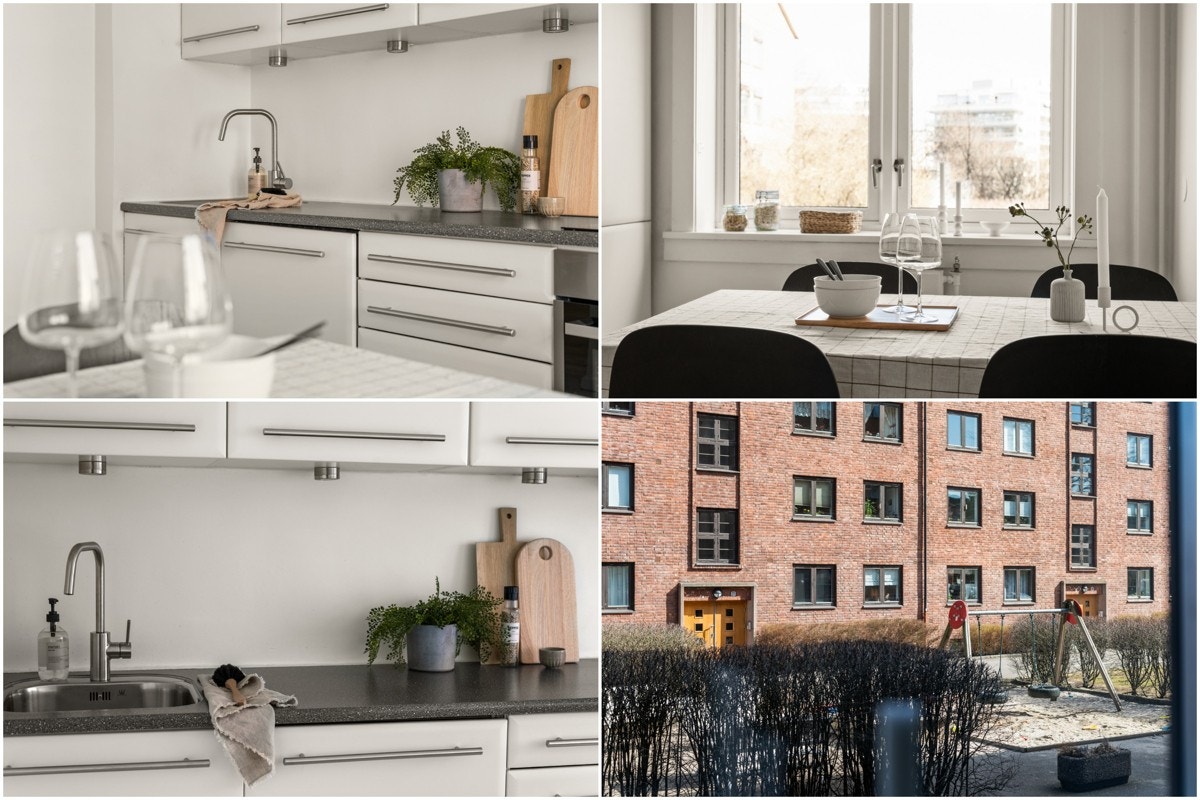 Moderne kjøkkeninnredning med hvite, glatte fronter og integrerte hvitevarer. Galleribilde